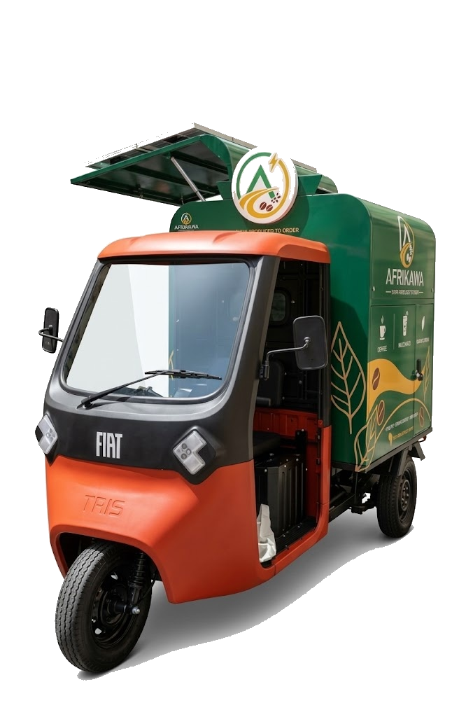 Station de café mobile AfriKawa sur FIAT Tris électrique